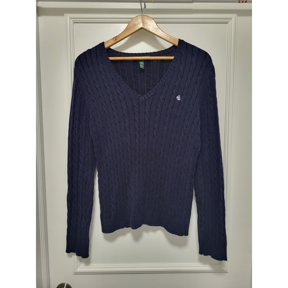 Vtg Lauren Ralph Lauren Navy V Neck Cableknit Preppy Old Money Sweater Sz L